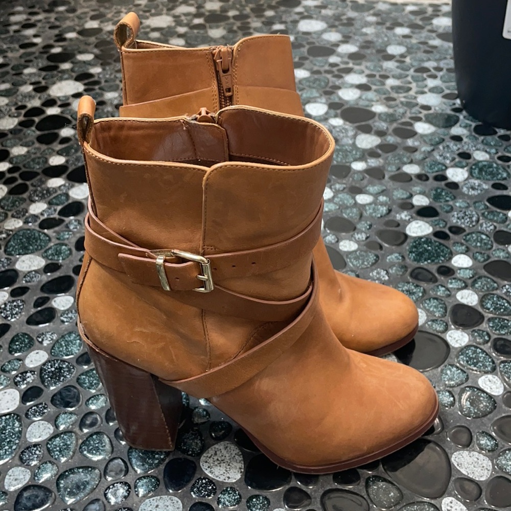 Aldo Camel Leather Strap Heeled Ankle Boots